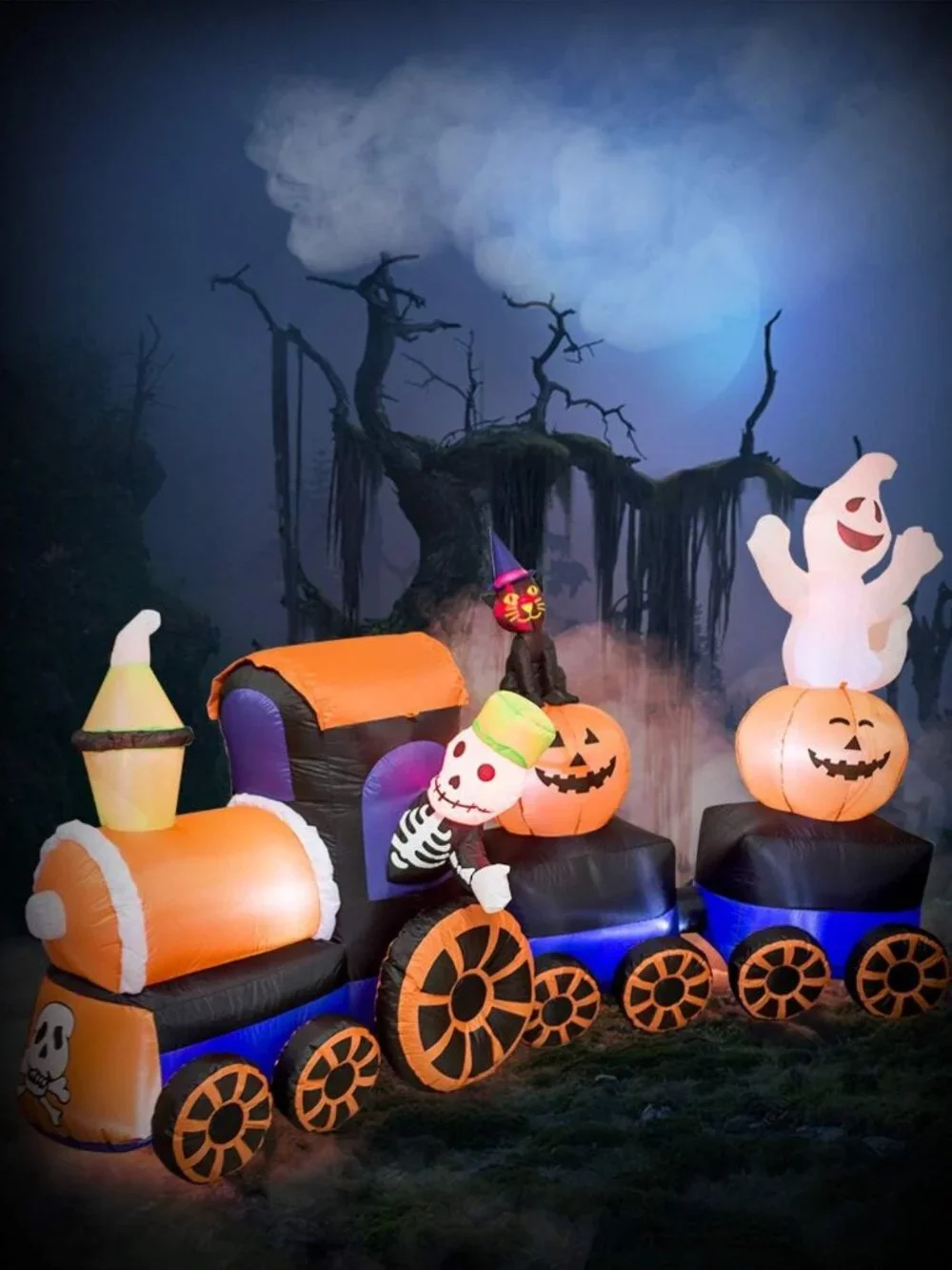9ft Halloween Inflatable Train with Kittens, Ghosts & Pumpkins - Festive Decor
